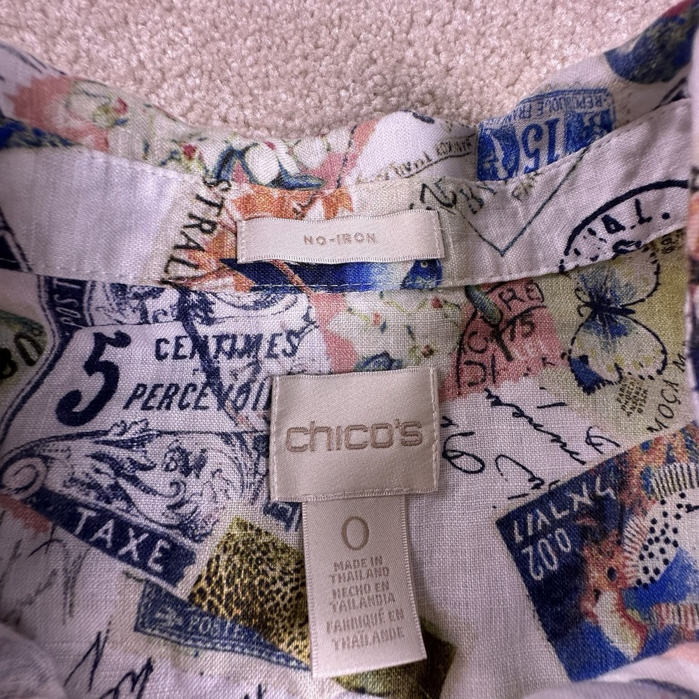 Chico's Linen Tunic Blouse Travel Stamp Pattern 100% Linen Button Size 0 - Picture 4 of 7